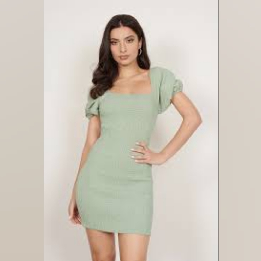 Tobi Puff Sleeve Smocked Mini Dress Green NWT